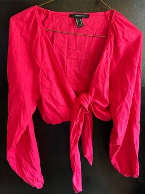 Forever 21 Hot Pink Tie-Front Crop Top Linen Blend